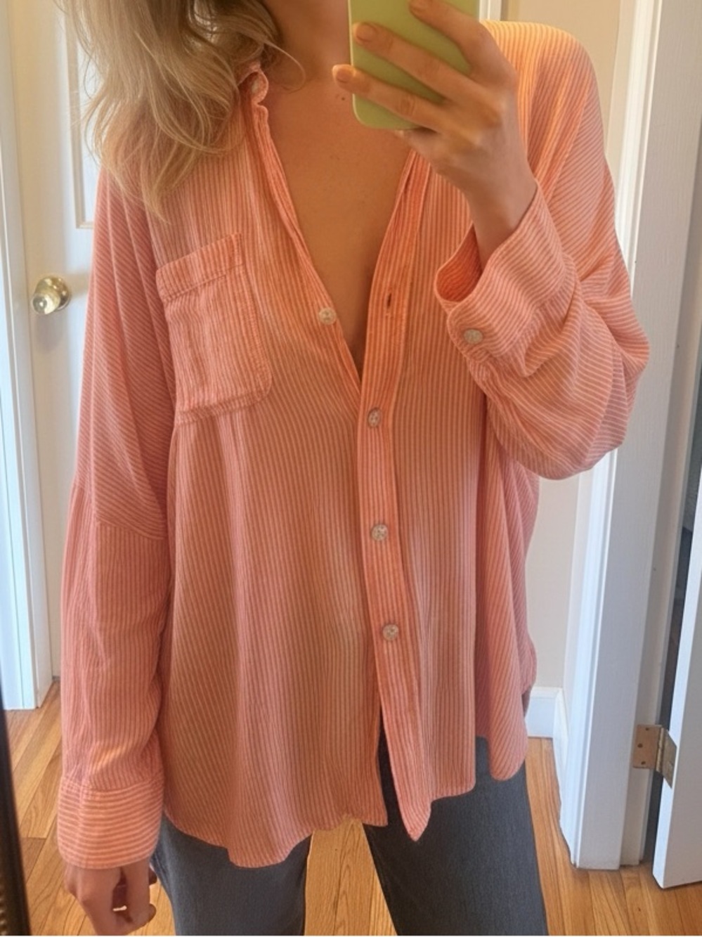 American Eagle Oversized Button Down - Peach Coral Stripe Beachy - Small EUC